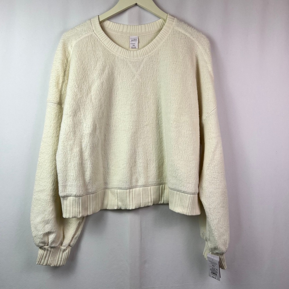 Auden Womens Cream White Sherpa Fleece Relaxed Cropped Sweatshirt XXL New